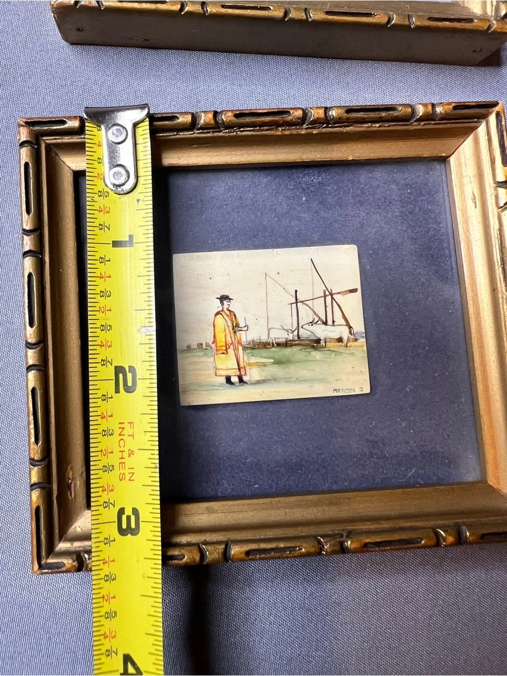 Miniature Hand Painted Asian Art Framed Set of 2 Signed 3x4 Vintage